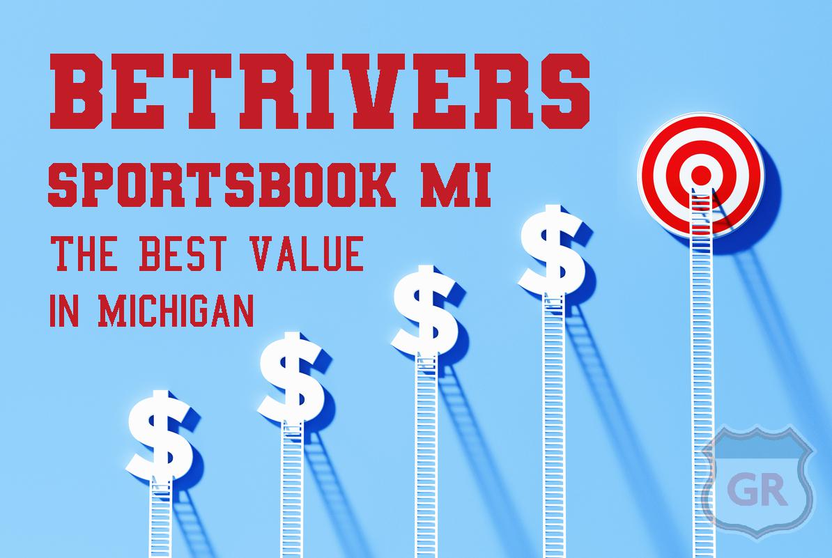 BetRivers Sportsbook MI Deposit Bonus: The Best Value in MI. a row of ladders of increasing height, each leading up to a dollar sign, except for the last and tallest ladder which reaches a red and white bullseye target.