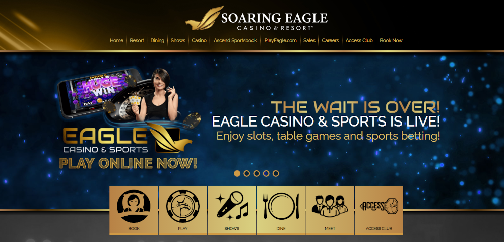 Screenshot of Soaring Eagle Casino & Resort Website announcing that its sportsbook and online casino are live and ready for players 