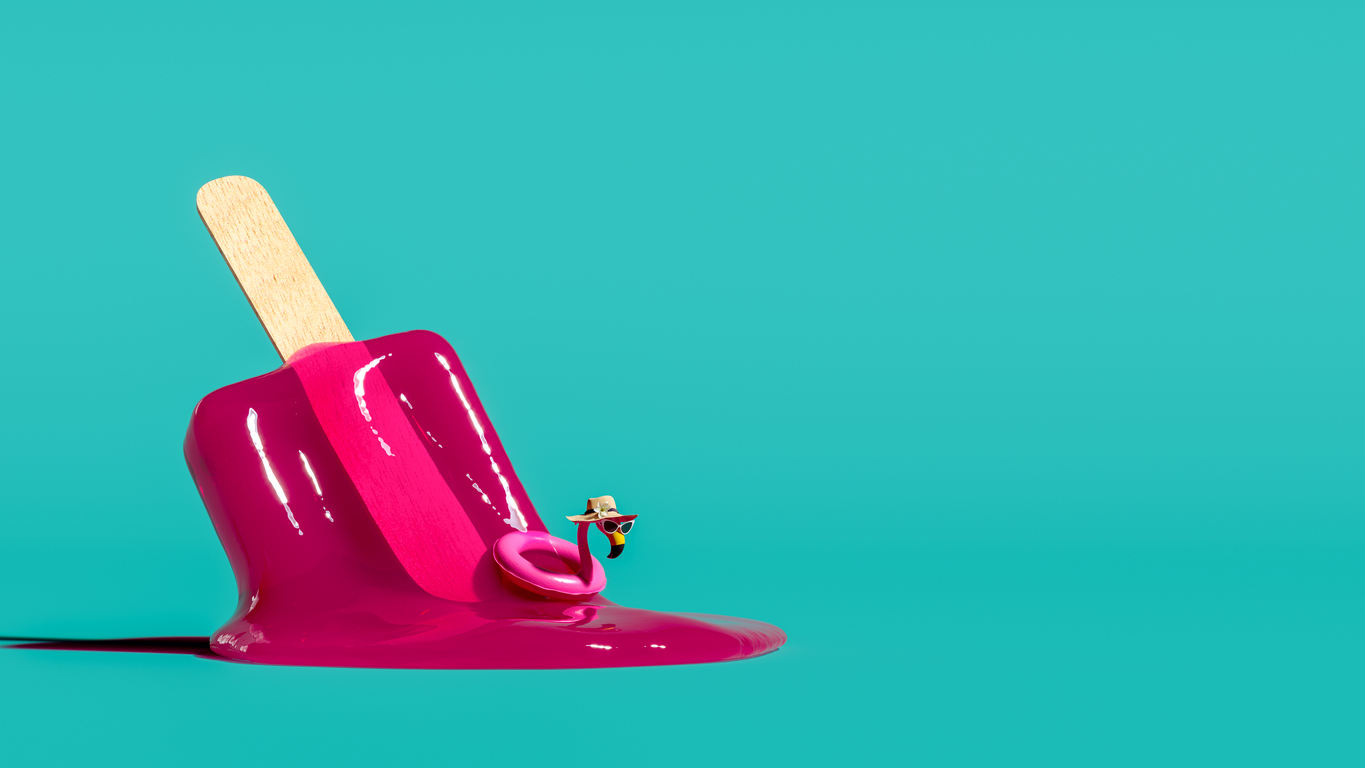 Melting pink popsicle with pink flamingo inflatable on turquoise blue background 3D Rendering, 3D Illustration -- Start of Summer Slowdown Hits Michigan's Online Casinos Hard